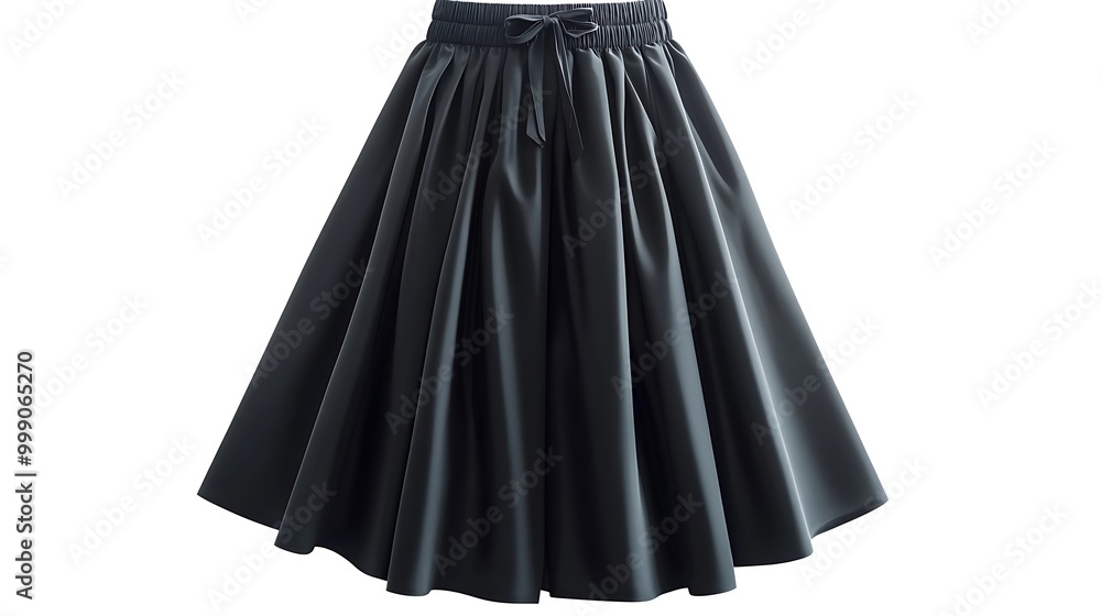 A black, pleated skirt with a drawstring waist isolated on a white background. A black, pleated skirt with a drawstring waist isolated on a white background.