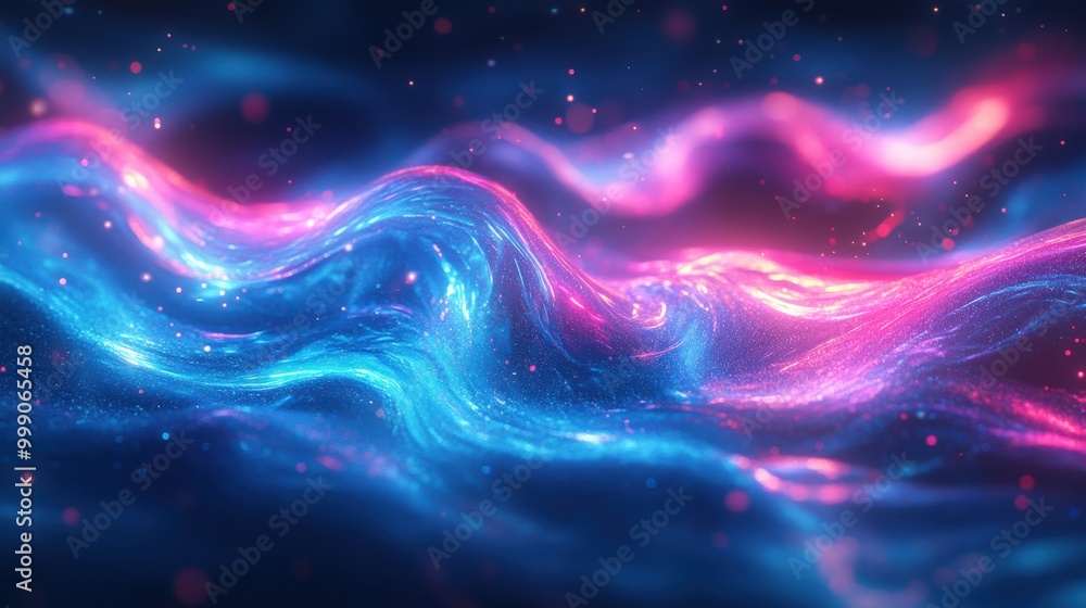 Fototapeta premium Vibrant blue and purple liquid waves with neon light reflection