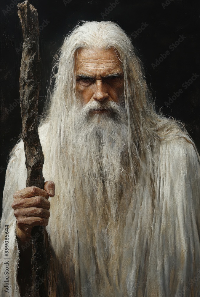 Old Man In A Robe Old man sorcerer in a white robe raises his staff, capturing the ...