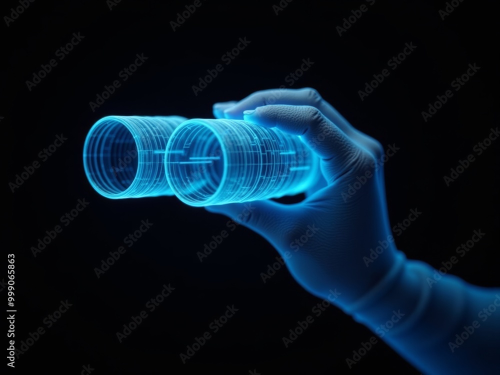 Polygonal blue hologram of hand holding binoculars on dark background. Polygonal blue hologram of hand holding binoculars on dark background.