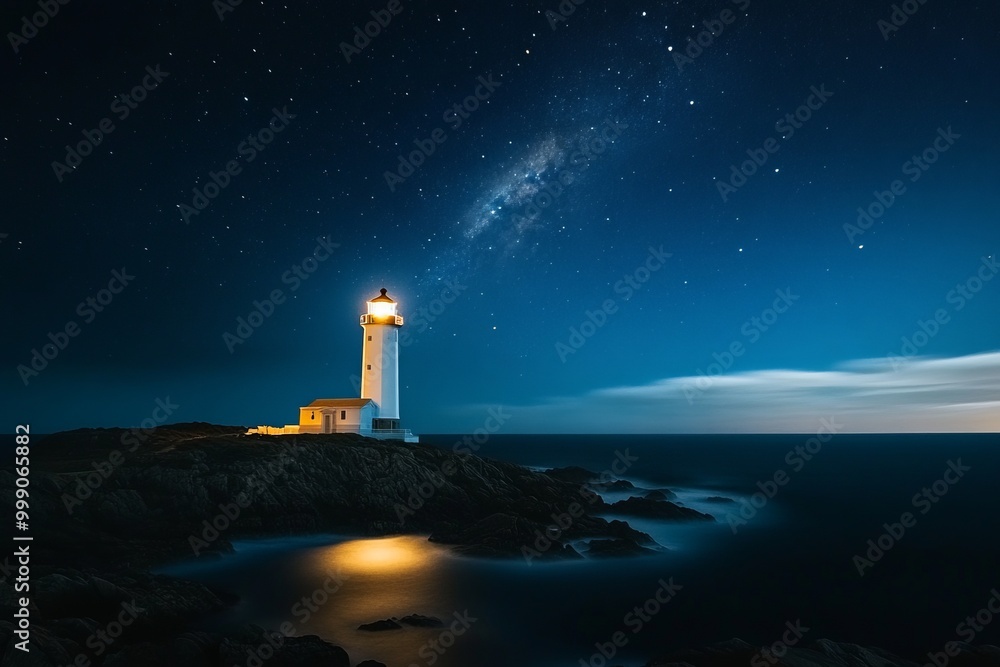 A stunning long-exposure shot of the night sky over a lighthouse on the coast, showcasing the beauty of the cosmos A stunning long-exposure shot of the night sky over a lighthouse on the coast, showcasing the beauty of the cosmos