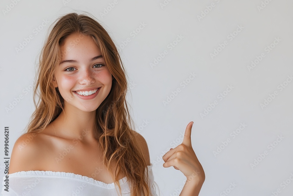 Photo of smiling young woman, looking at the camera, wear white top plump lips showing arms scales, pointing at something, empty space isolated white color background, Photo of smiling young woman, looking at the camera, wear white top plump lips showing arms scales, pointing at something, empty space isolated white color background,