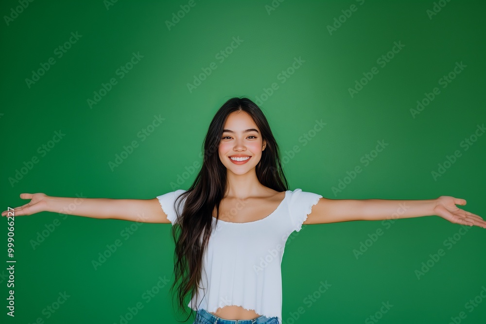 Photo of smiling young woman wear white top plump lips showing arms scales empty space isolated green color background, Photo of smiling young woman wear white top plump lips showing arms scales empty space isolated green color background,
