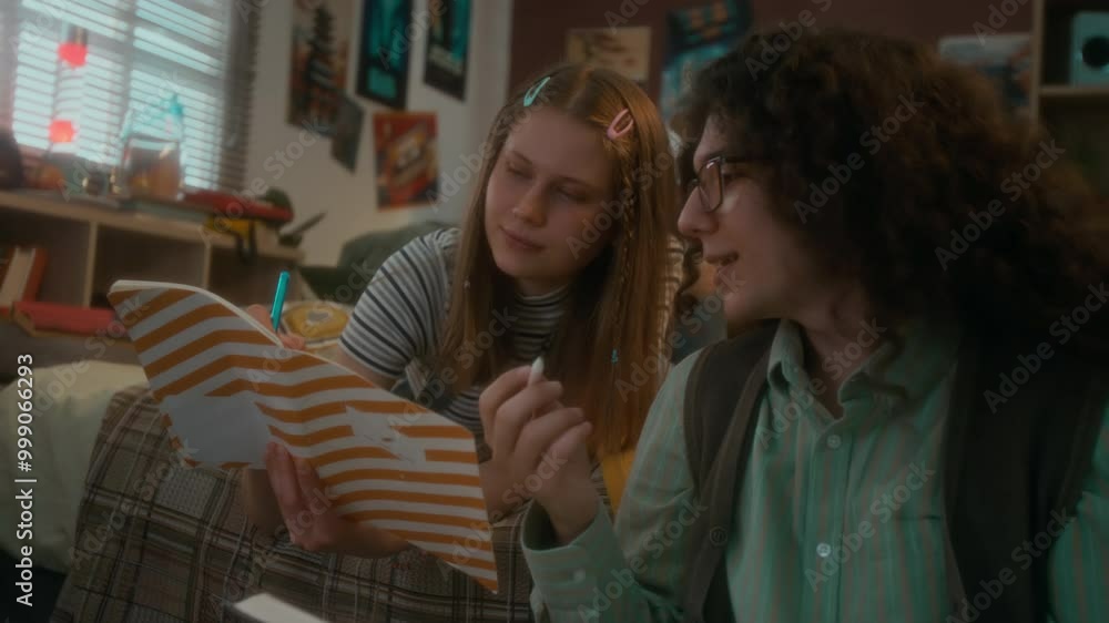 Chest up shot of puffy-haired Caucasian boy in glasses helping stylish girlfriend to do homework, explaining rules in decorated bedroom in 90s