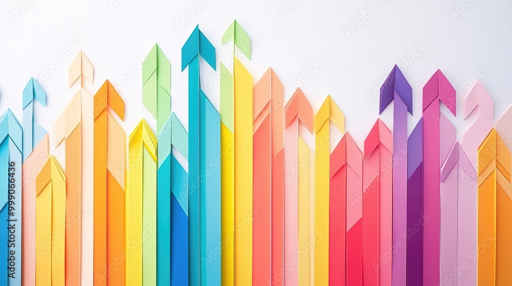 Obraz premium Colorful paper arrows pointing upwards on a white background, symbolizing growth, success, and progress.