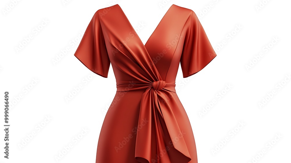 An orange, short-sleeved, wrap dress with a tie at the waist. An orange, short-sleeved, wrap dress with a tie at the waist.