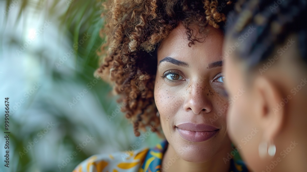 A woman with curly hair and freckles looks at the camera with a soft smile. A woman with curly hair and freckles looks at the camera with a soft smile.