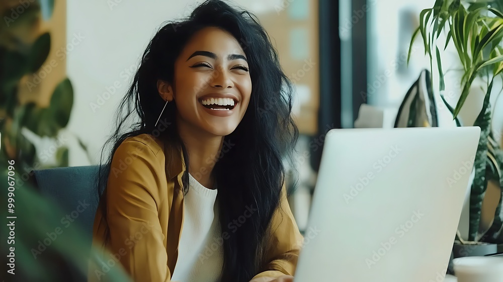Happy young woman working remotely on a virtual video team meeting call, remote work and flexible culture concept. Inclusive and diverse dei workplace with a blasian african american businesswoman Happy young woman working remotely on a virtual video team meeting call, remote work and flexible culture concept. Inclusive and diverse dei workplace with a blasian african american businesswoman