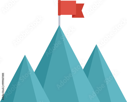 Red flag is waving on the highest peak of a mountain range, representing the achievement of a challenging goal