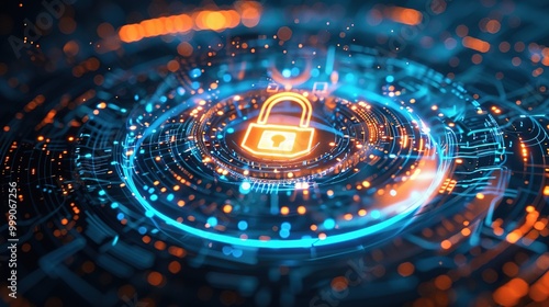 Cybersecurity lock icon glowing in futuristic digital space. . photo