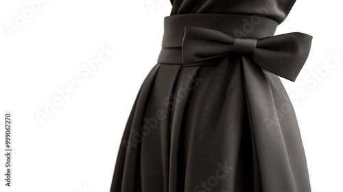 A black pleated skirt with a satin bow at the waist.