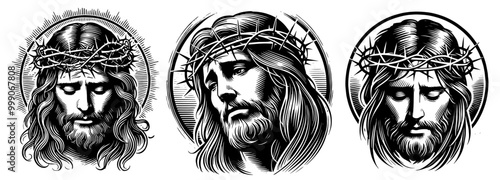 detailed set of jesus christ face portraits in black and white vector, showing serene and holy expressions
