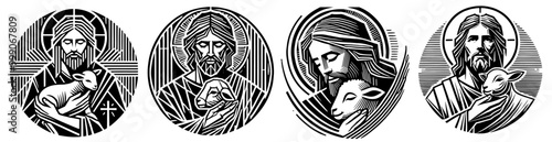 collection of jesus embracing lamb in religious symbolism, black vector design