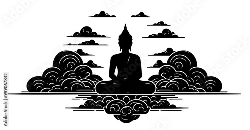 black shape vector meditating buddha illustration, representing enlightenment and inner peace