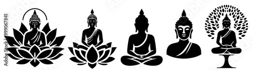 black silhouette set of meditating buddha designs, representing spirituality and calmness
