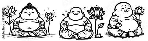 hand-drawn collection of laughing buddha figures in black and white cartoon style vector