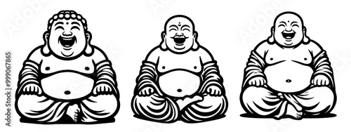 detailed collection of smiling buddha illustrations in black and white vector style