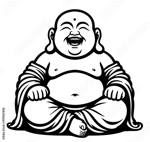hand-drawn happy and laughing buddha in black and white vector art