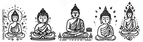 minimalist buddha silhouette in playful doodle style, hand-drawn black and white vector