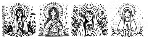 artoon doodle style set of mary portraits, hand-drawn in black and white vector art
