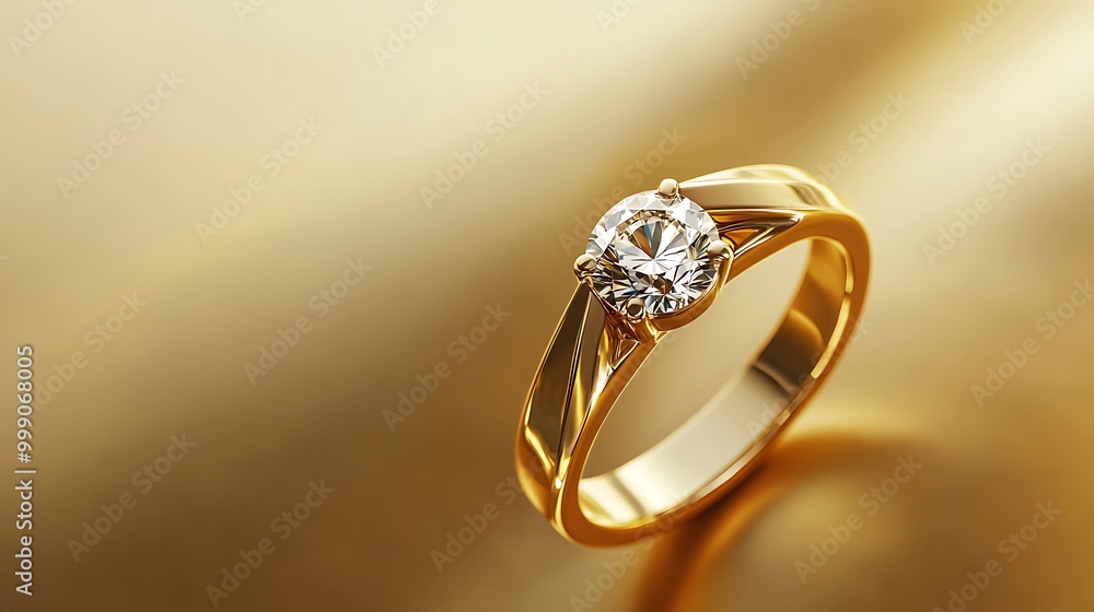 A classic gold solitaire ring with a single diamond on a gold background. A classic gold solitaire ring with a single diamond on a gold background.