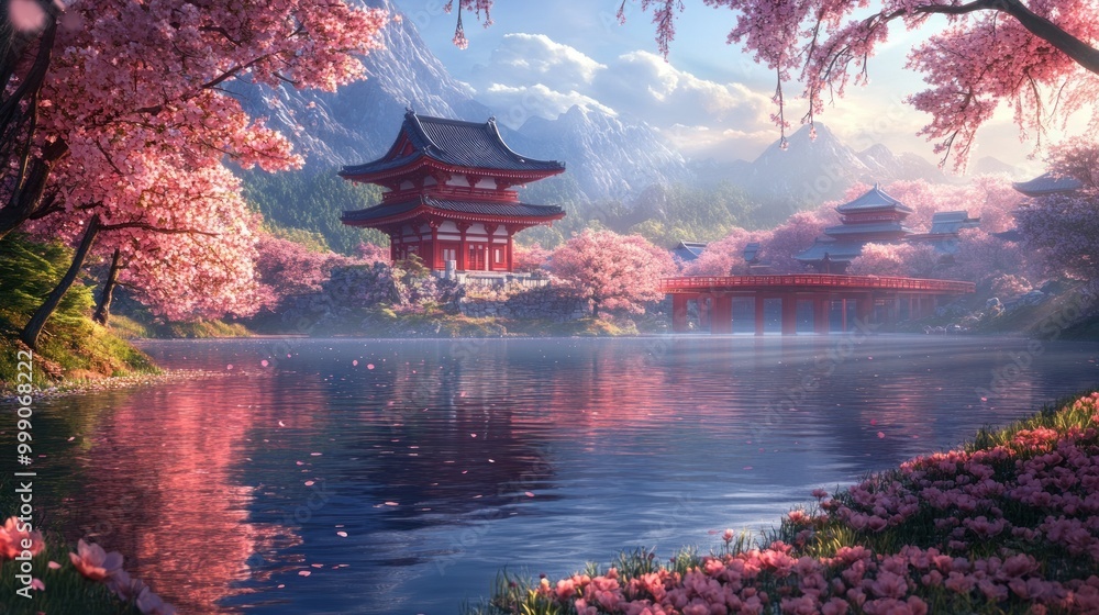 Obraz premium Create a calming and serene landscape featuring a tranquil lake, cherry blossom trees, and a traditional Japanese temple, capturing the serene beauty of nature in anime.