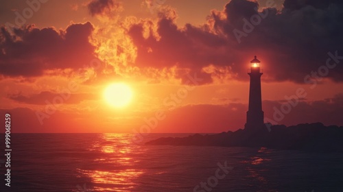 Create a cinematic photograph that portrays the dramatic sunset over the ocean, with a silhouette of a lighthouse in the foreground. --ar 16:9 --v 6.1 Job ID: c20c8571-d16d-47a4-8a28-f108abff0b16