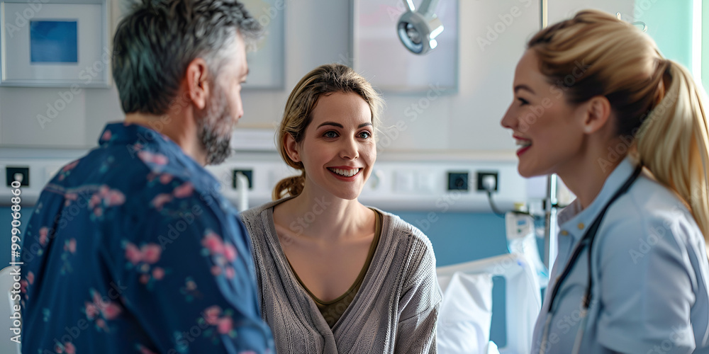 Fototapeta premium Doctor discussing patient condition with couple in hospital, Healthcare professional consulting patients during medical visit