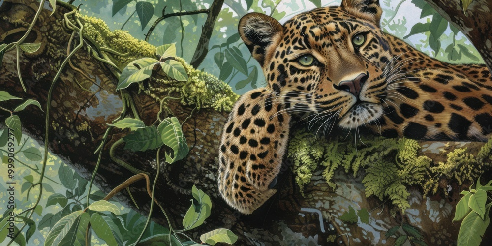 A close-up of a leopard resting on a tree branch