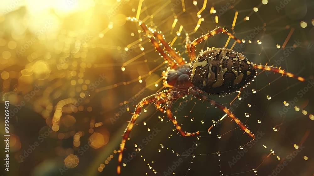 Spider weaving a web with dew drops, hyperrealistic, morning light, detailed and natural, realistic textures, serene and delicate Spider weaving a web with dew drops, hyperrealistic, morning light, detailed and natural, realistic textures, serene and delicate