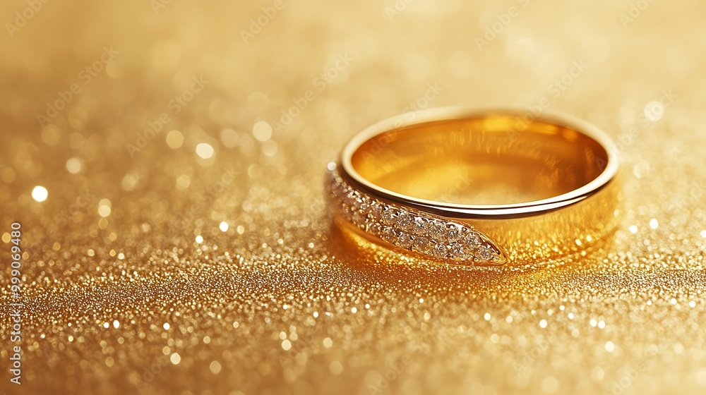 A sparkling gold ring with diamonds on a glittering golden background. A sparkling gold ring with diamonds on a glittering golden background.