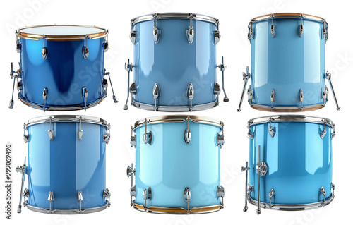 Six blue drum sets with metallic hardware arranged in a group isolated on transparent background photo