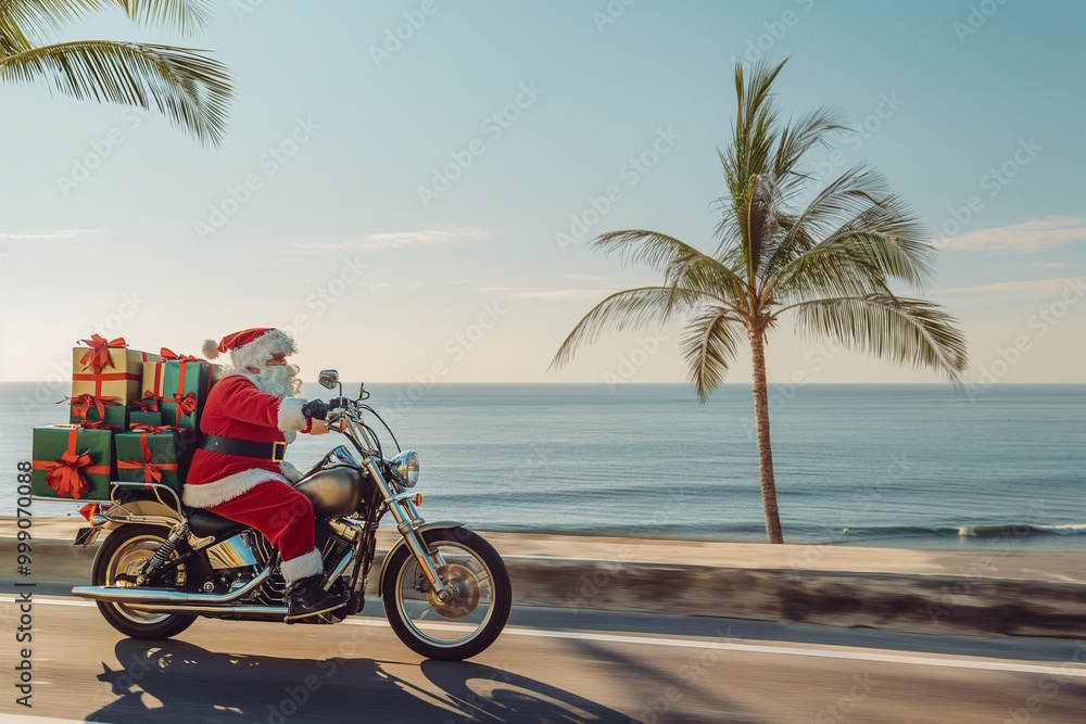 Fototapeta premium Santa Claus riding motorcycle with gifts along tropical seaside road, holiday spirit meets coastal adventure