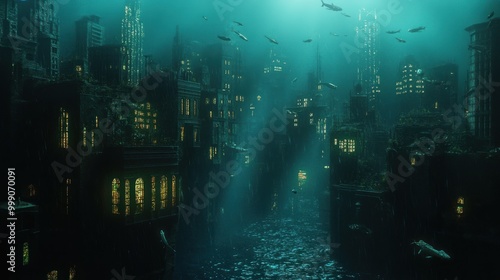 Create a magical underwater cityscape with bioluminescent sea creatures drifting lazily past the windows of sunken buildings. --ar 16:9 --v 6.1 Job ID: 0d591469-9961-4e41-ad22-1f2567b0df2f