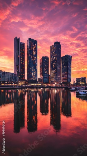 Rotterdam Skyline Sunset Reflection - Dramatic Cityscape Photography