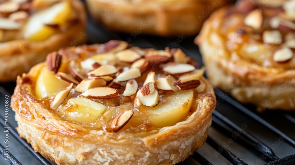 Apple almond pastries with a crispy crust, topped with caramelized apples and toasted almonds, fresh out of the oven generative ai Apple almond pastries with a crispy crust, topped with caramelized apples and toasted almonds, fresh out of the oven generative ai