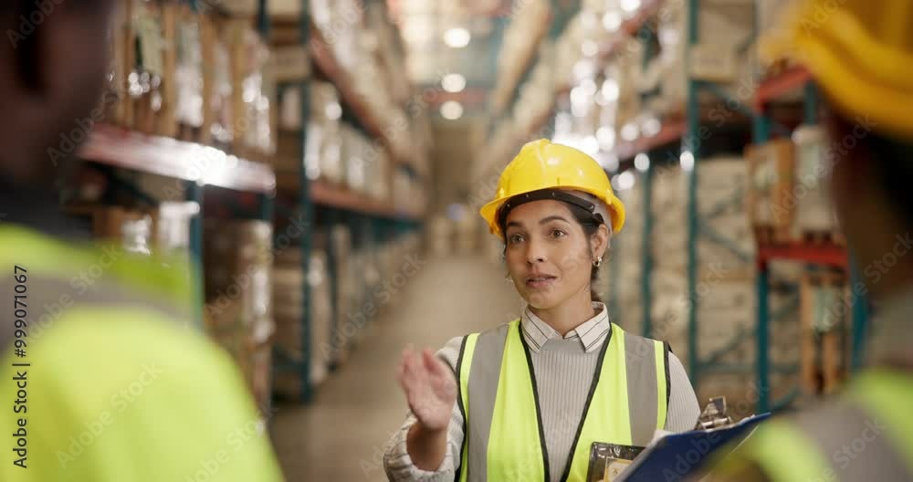 Factory, discussion and manager with clipboard for orders, delivery instructions or distribution. Warehouse, female person and workers or logistics responsibilities, workflow or stock management duty Factory, discussion and manager with clipboard for orders, delivery instructions or distribution. Warehouse, female person and workers or logistics responsibilities, workflow or stock management duty