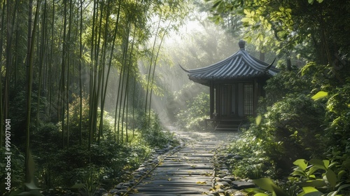 Create a serene bamboo forest path leading to a secluded teahouse, surrounded by gentle sunlight and rustling leaves. --ar 16:9 --v 6.1 Job ID: e660b88e-c19a-43b1-9747-06b5c5e1defc