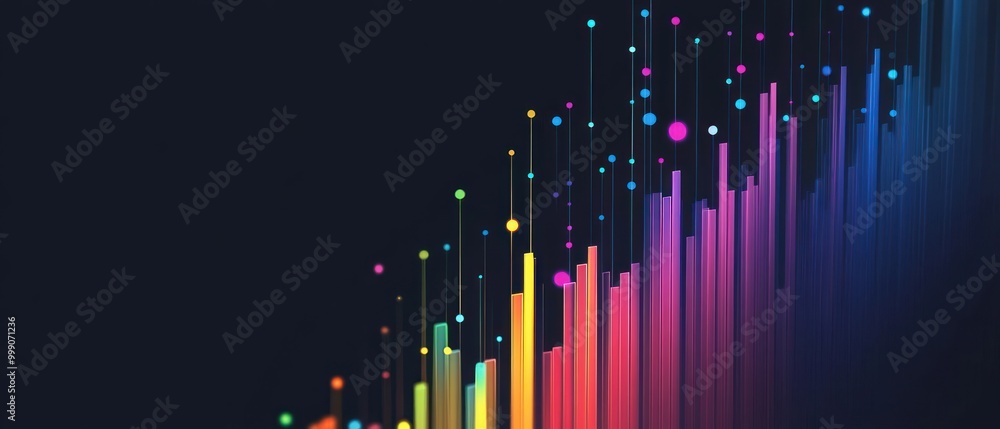 Abstract colorful lines and dots on a dark background, a futuristic digital art design.