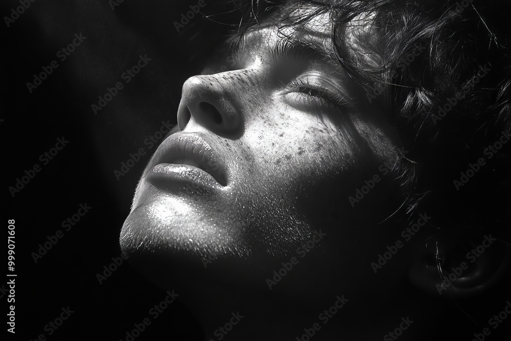 Close-up of a young man's face with freckles, eyes closed, bathed in light. Close-up of a young man's face with freckles, eyes closed, bathed in light.