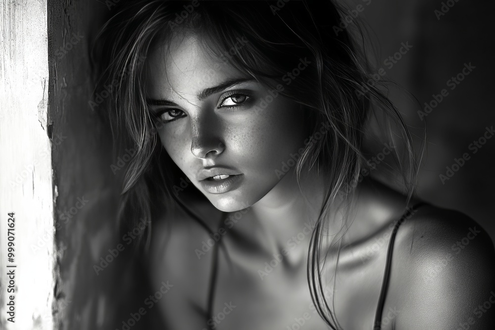 A young woman with dark hair looks intensely at the camera. A young woman with dark hair looks intensely at the camera.