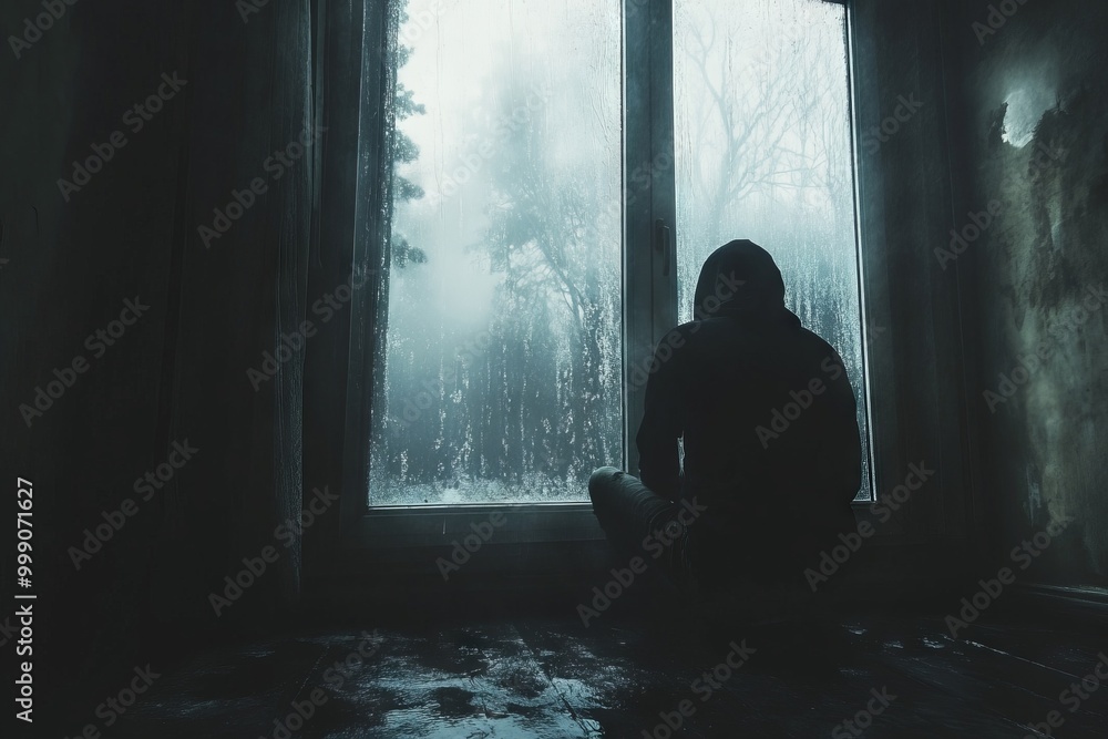 Obraz premium A hooded figure sits by a window, gazing out at a misty forest.