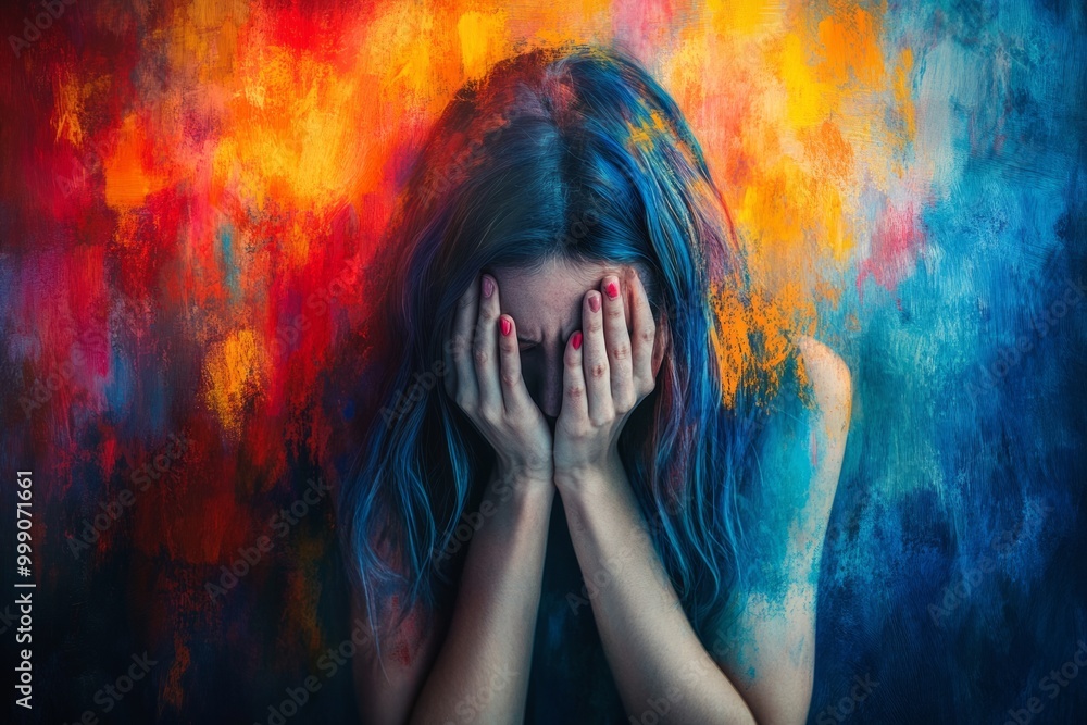 Woman with blue hair crying in front of a colorful background Woman with blue hair crying in front of a colorful background