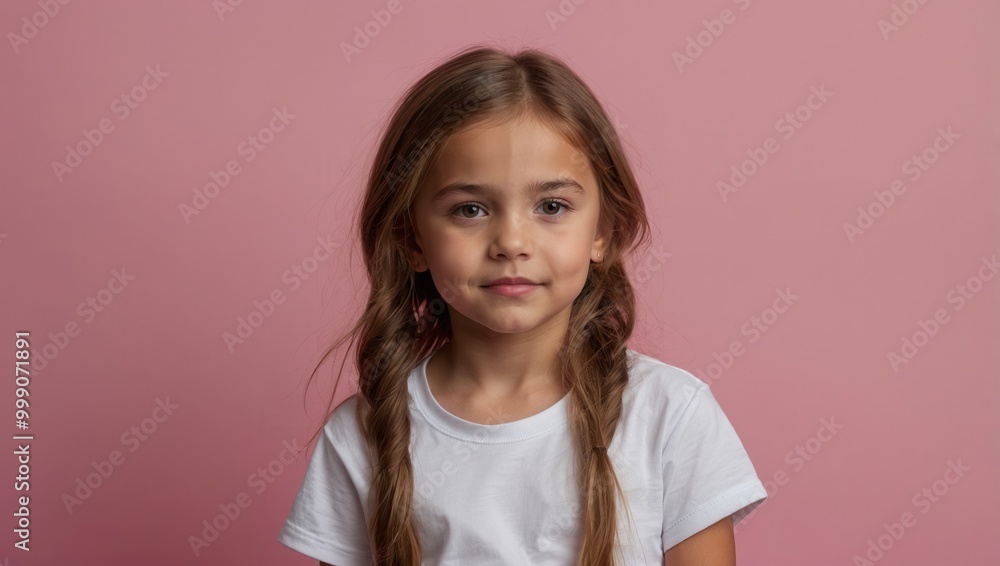 Portrait of young blonde girl wearing striped shirt, pink background Portrait of young blonde girl wearing striped shirt, pink background