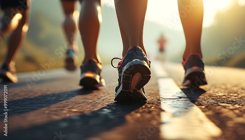 Dynamic runners in motion under soft sunlight, vibrant colors illuminating athletic shoes and legs, capturing the essence of energy and movement.