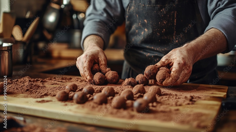 Baker handcrafting truffles, rolling them in cocoa powder, rustic kitchen setting generative ai Baker handcrafting truffles, rolling them in cocoa powder, rustic kitchen setting generative ai