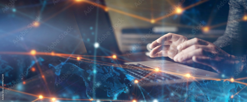 Man working with digital laptop. Global network concept Man working with digital laptop. Global network concept