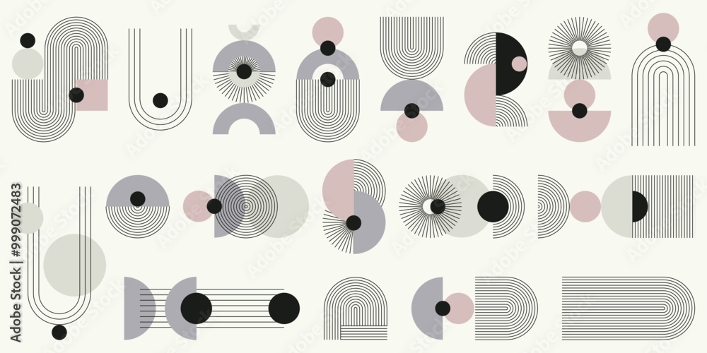 Fototapeta premium Monochromatyczny zestaw abstrakcyjnych elementów z kolorystycznym akcentem. Geometryczne kształty w paski, minimalistyczne cienkie linie, łuki, elipsy, kwadraty. Ilustracja wektorowa.