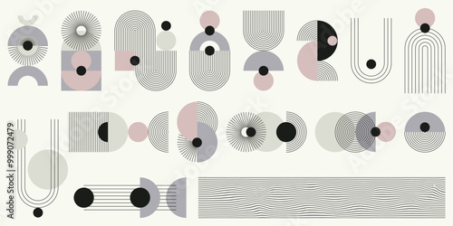 Monochromatyczny zestaw abstrakcyjnych elementów z kolorystycznym akcentem. Geometryczne kształty w paski, minimalistyczne cienkie linie, łuki, elipsy, kwadraty. Ilustracja wektorowa.