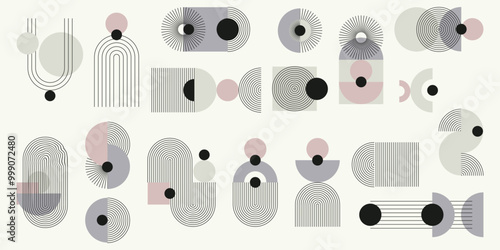 Monochromatyczny zestaw abstrakcyjnych elementów z kolorystycznym akcentem. Geometryczne kształty w paski, minimalistyczne cienkie linie, łuki, elipsy, kwadraty. Ilustracja wektorowa.